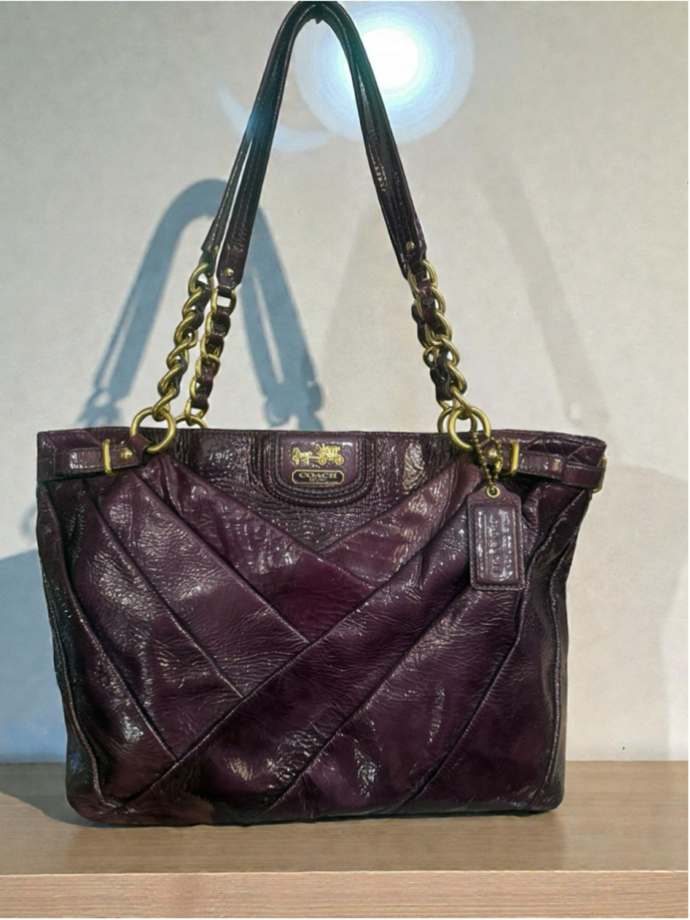 Coach Madison Diagonal Pleated Patent Leather Tote Bag Violet/Aubergine 2012